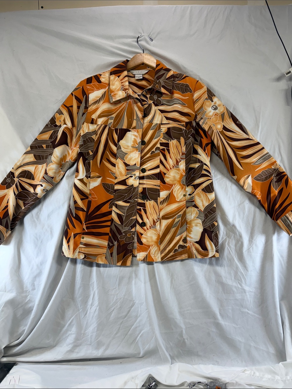 Allison Daley Tropical Print Button-Up Jacket in Burnt Orange and Brown